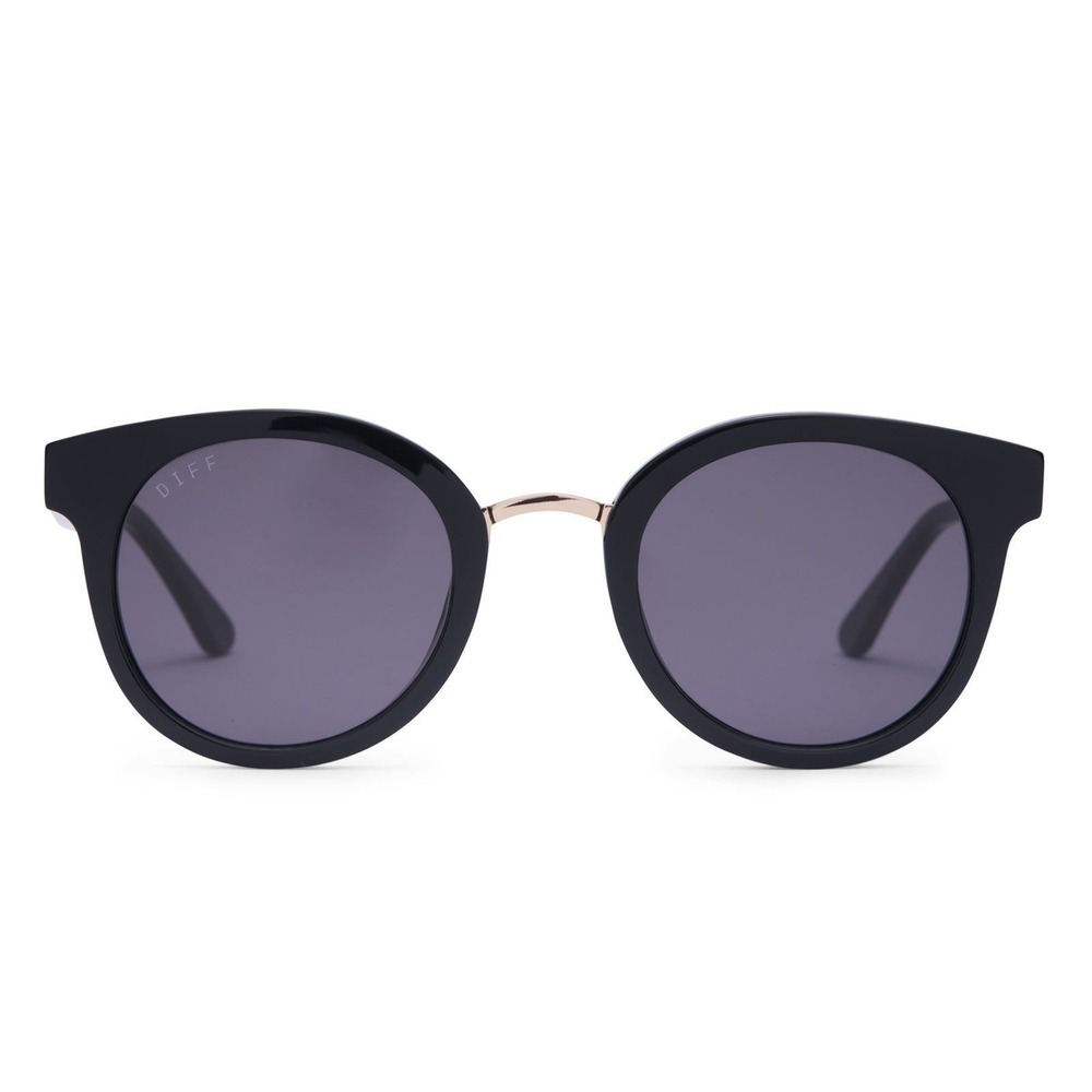 DIFF Eyewear Aubree Sunglasses Black Gold Round Cat Eye Metal Bridge